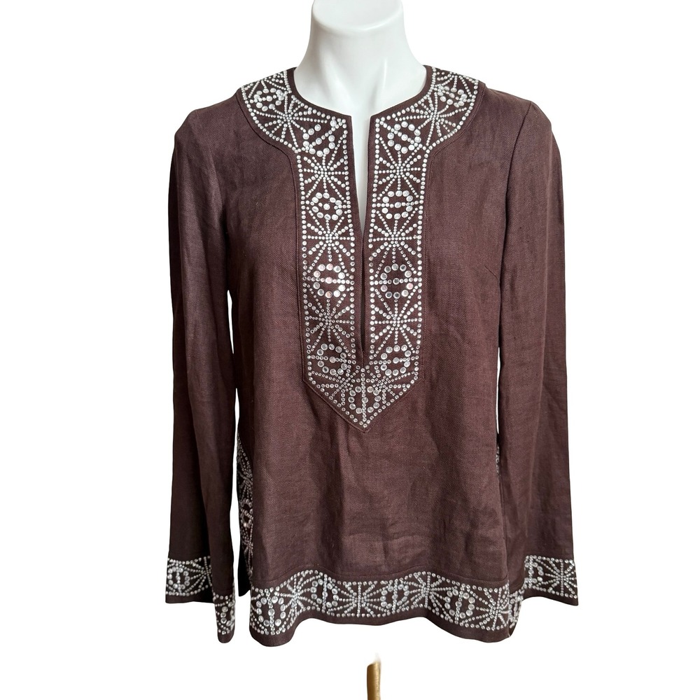 Vintage Tory Burch Brown Linen Crystal Bling Embellished Tunic Top Fall SZ 6 NWT
